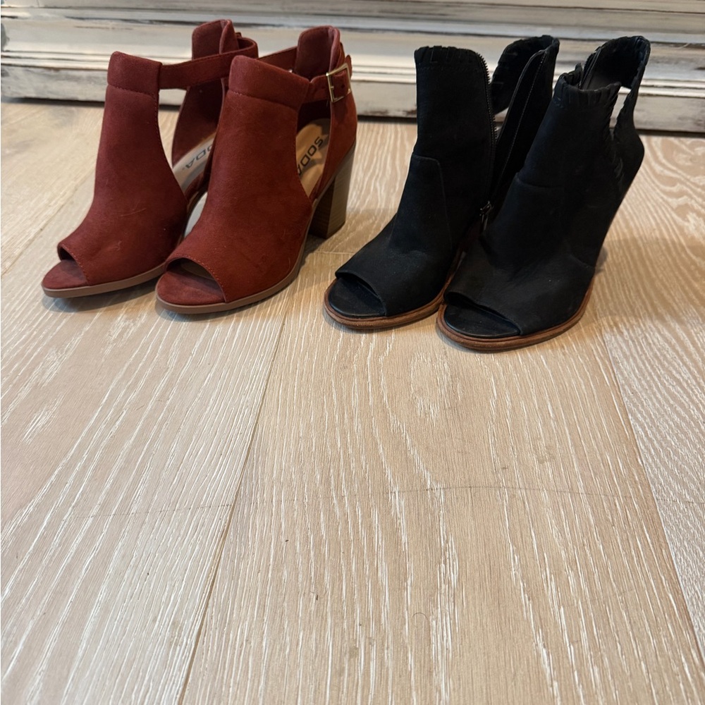 Vince Camuto Open-Toe Heeled Booties in Burgundy and Black